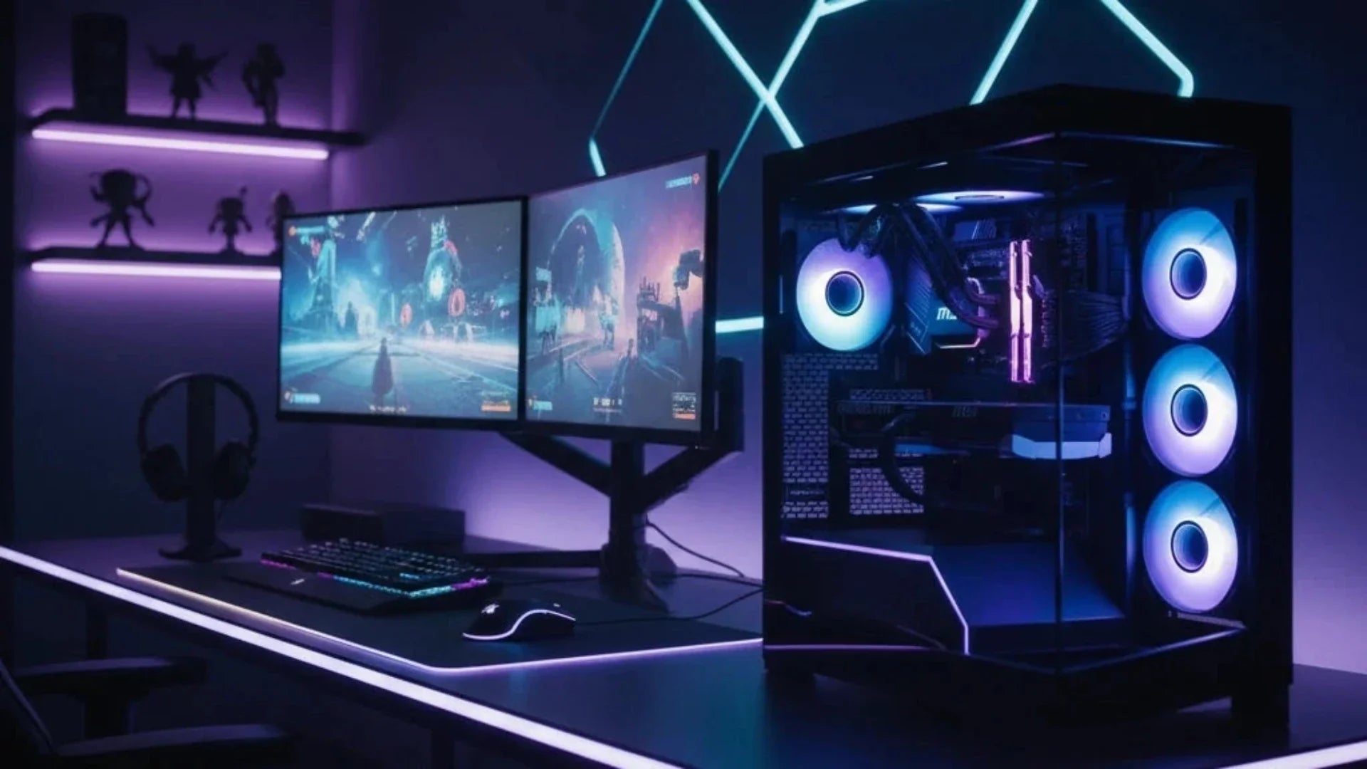 A modern gaming setup featuring a black PC case with glowing blue LED fans, dual monitors, a keyboard, and a mouse on a desk with ambient purple and blue lighting.