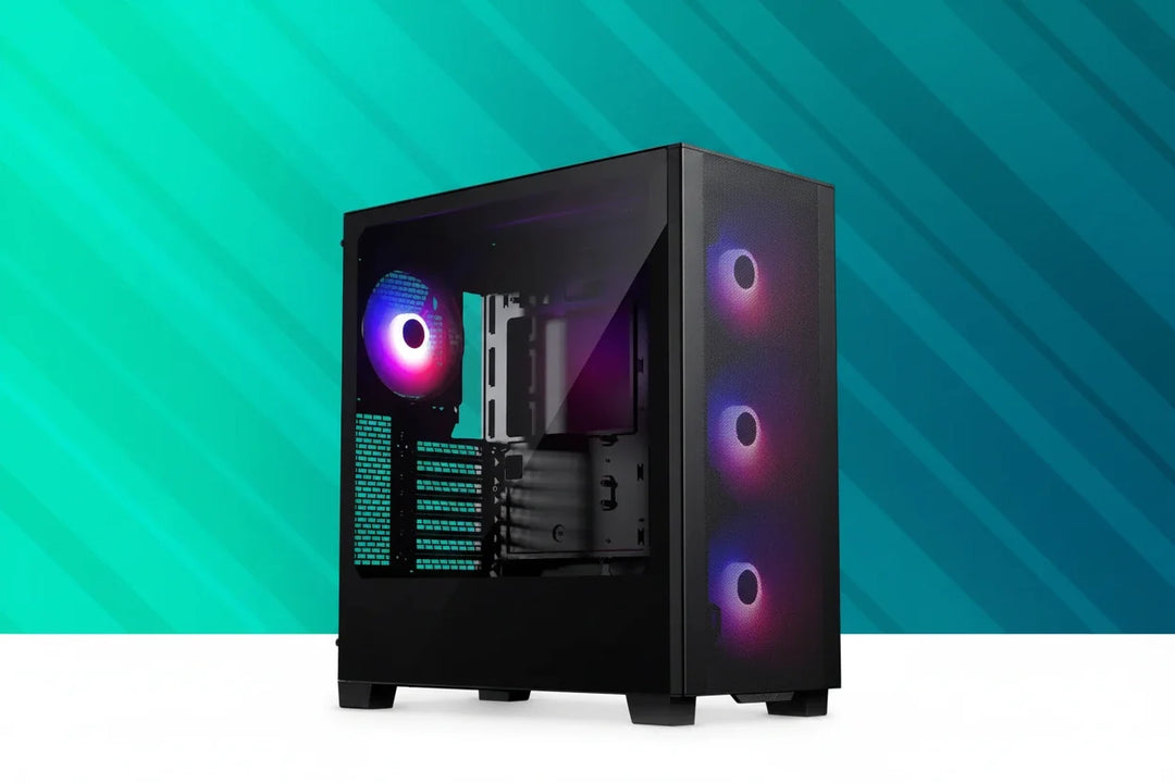 A black mid-tower PC case with a side glass panel, illuminated by RGB fans showing purple, pink, and blue lighting, set against a teal and blue diagonal-striped background.