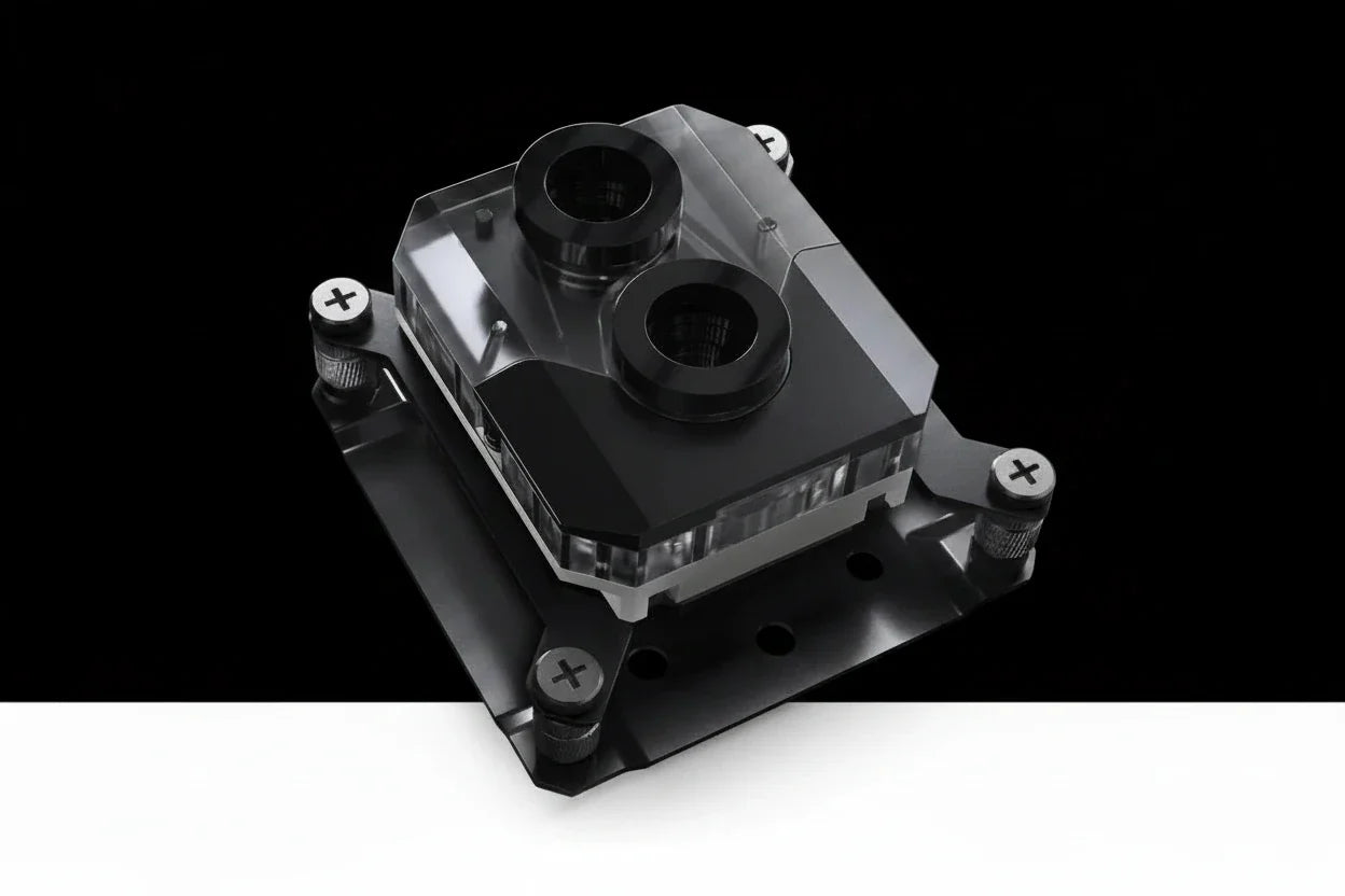 A high-performance liquid CPU cooler heatsink with a black metal base, clear plastic top cover, and two black radiator tubes, shown on a neutral gray background.