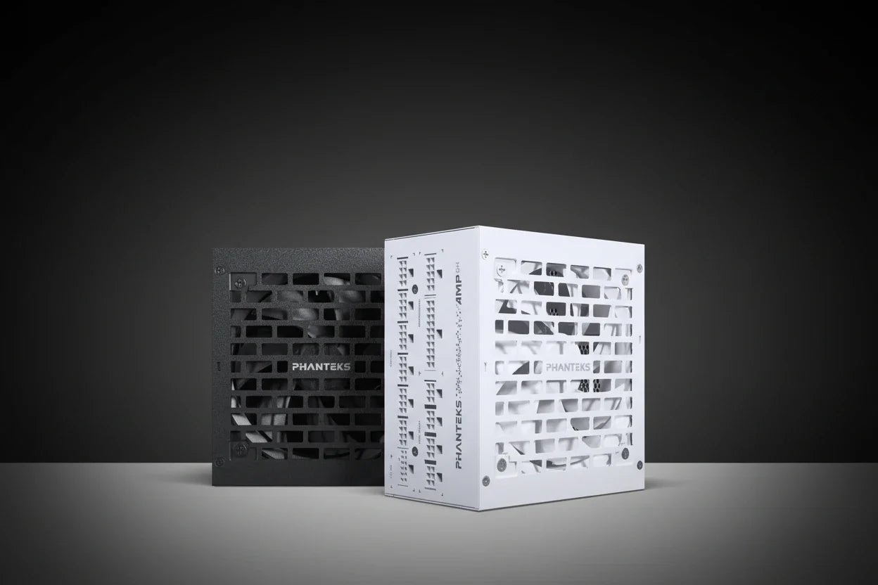 Two Phanteks desktop power supply units shown side by side against a black-to-white gradient background. The left unit is matte black, and the right unit is white with a vented front panel.