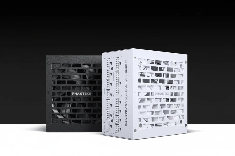 Two Phanteks desktop power supply units shown side by side against a black-to-white gradient background. The left unit is matte black, and the right unit is white with a vented front panel.