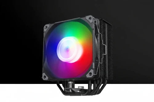 A high-performance CPU cooler featuring a square black heatsink and a large front fan illuminated with vibrant RGB lighting showing a rainbow spectrum of colors, set against a dark background.