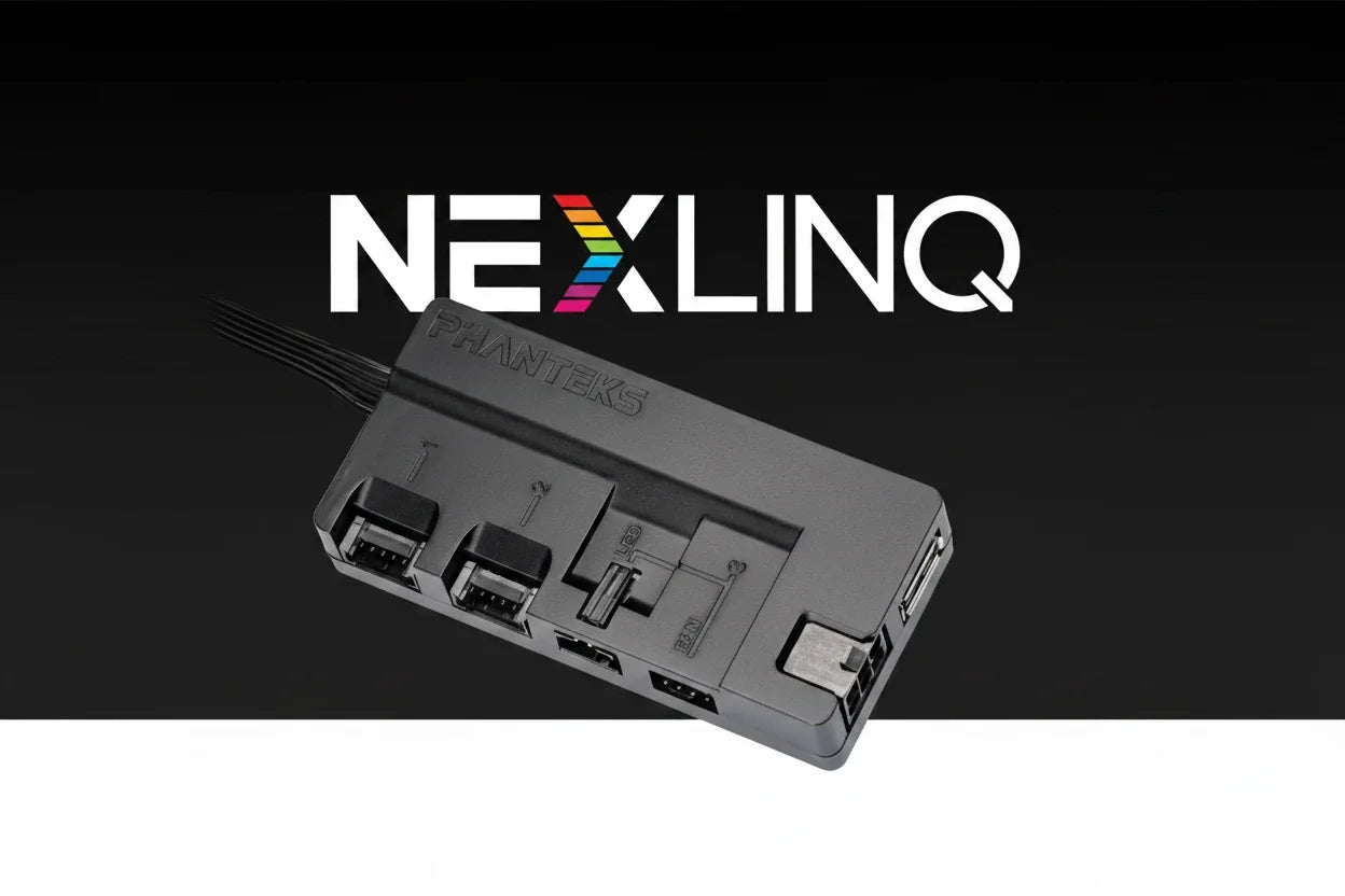 A gray NEXLINQ PHANTEKS multi-port USB hub with multiple USB-A and USB-C ports, shown on a black background with the NEXLINQ logo above.