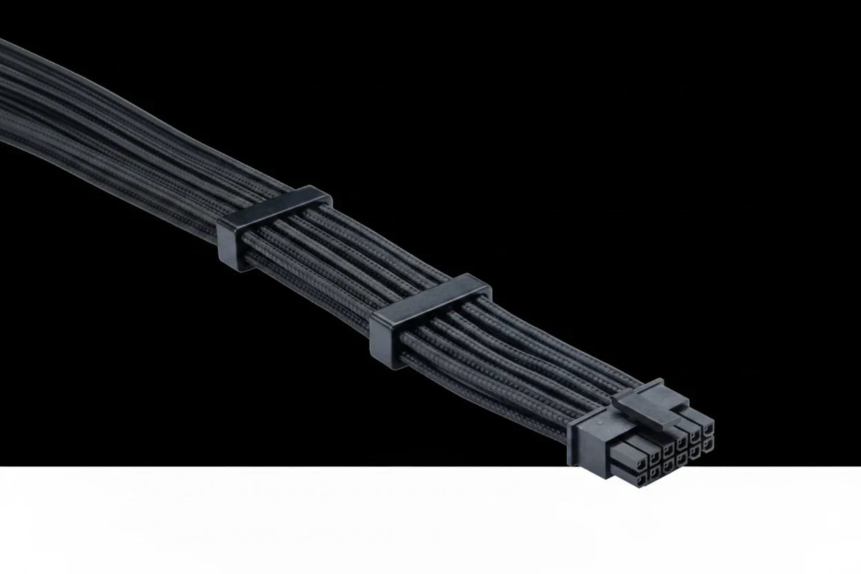 A close-up of a black multi-core power cable with black plastic zip ties and a multi-pin connector, shown against a black background with a white strip at the bottom.