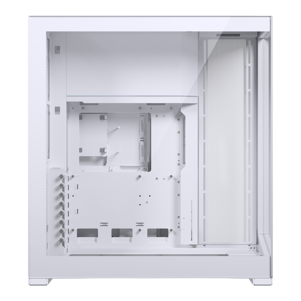 White computer case with clear side panel on a white background