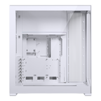 White computer case with clear side panel on a white background