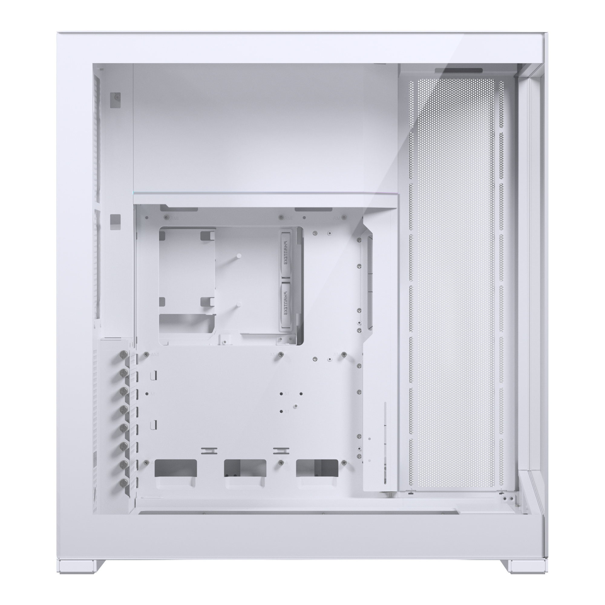 White computer case with clear side panel on a white background