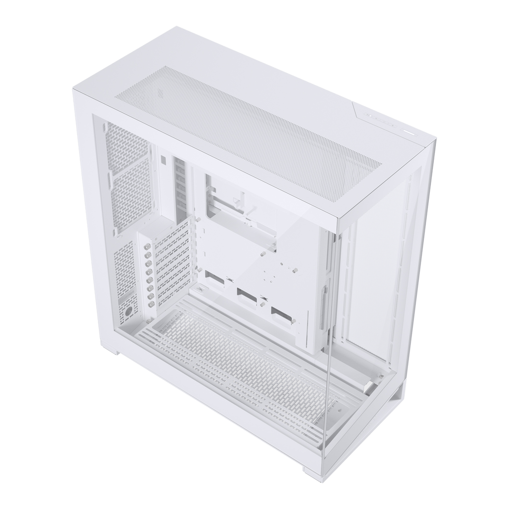 A white computer case with a transparent side panel, shown from an elevated perspective against a solid white background.