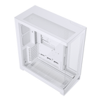 A white computer case with a transparent side panel, shown from an elevated perspective against a solid white background.