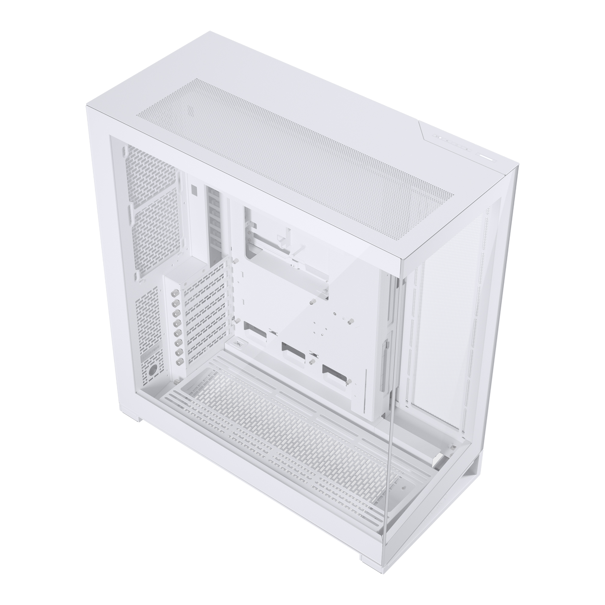 A white computer case with a transparent side panel, shown from an elevated perspective against a solid white background.