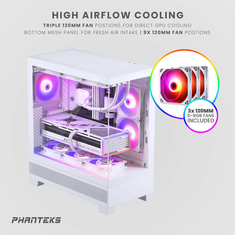 Phanteks XT View, Mid-Tower Gaming Chassis, Tempered Glass Front and Side Window, USB-C 3.2 Gen2, 3x M25-120 D-RGB fans included, White