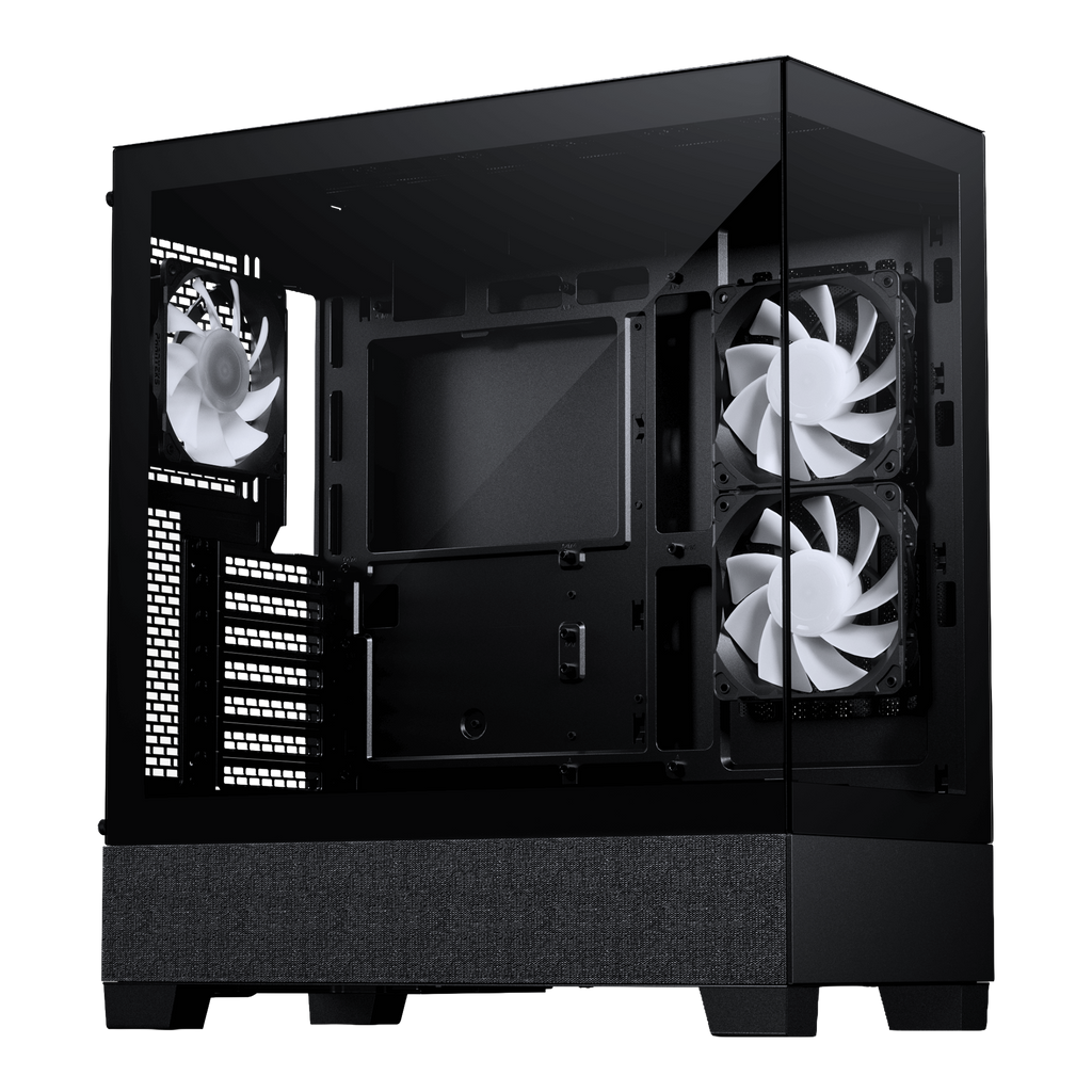 Black - computer case with a transparent side panel, shown from a three-quarter angle. The interior features a dual fan setup with white fans on the right side, a top-mounted fan on the left, and a textured fabric front panel at the bottom.