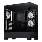 Black - computer case with a transparent side panel, shown from a three-quarter angle. The interior features a dual fan setup with white fans on the right side, a top-mounted fan on the left, and a textured fabric front panel at the bottom.