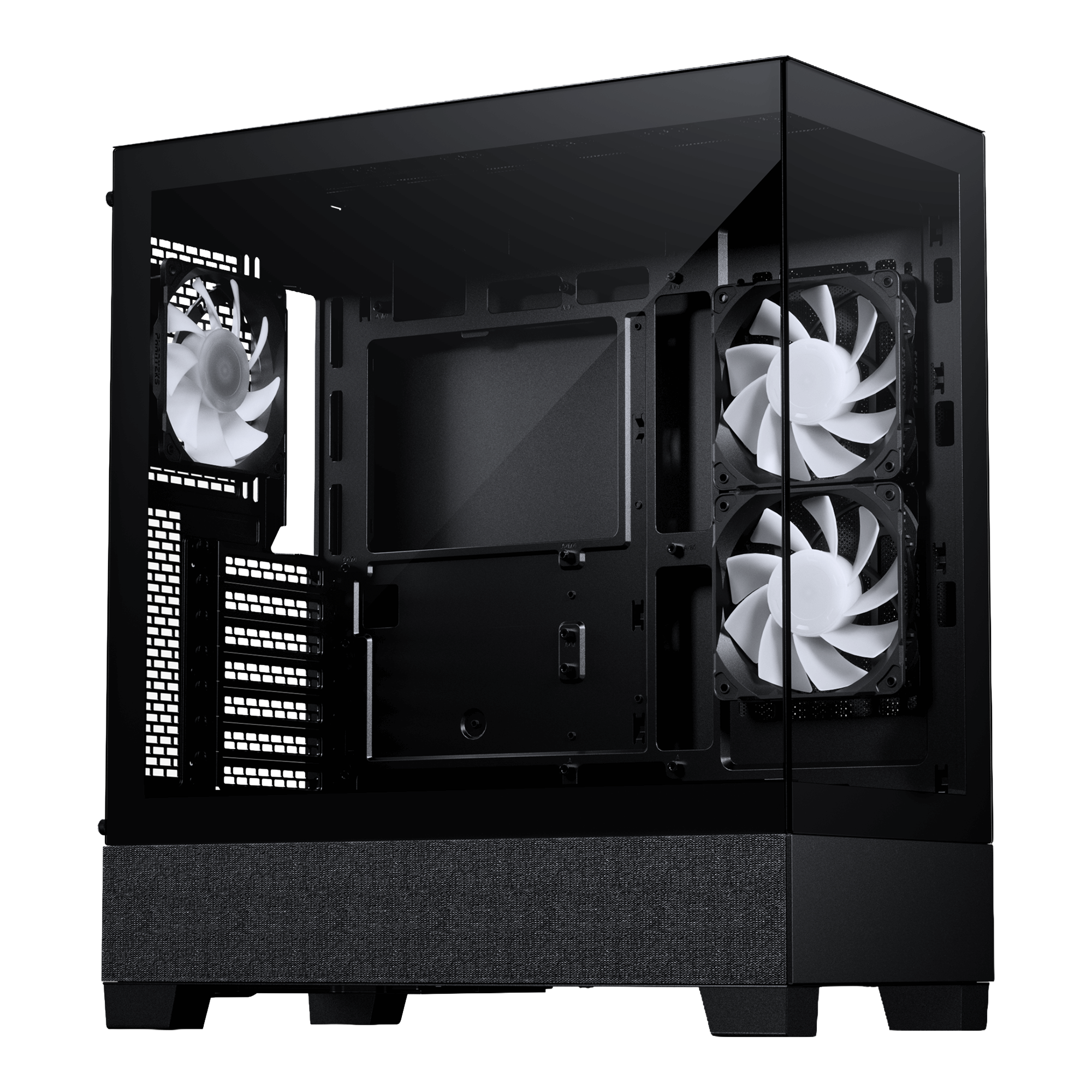 Black - computer case with a transparent side panel, shown from a three-quarter angle. The interior features a dual fan setup with white fans on the right side, a top-mounted fan on the left, and a textured fabric front panel at the bottom.