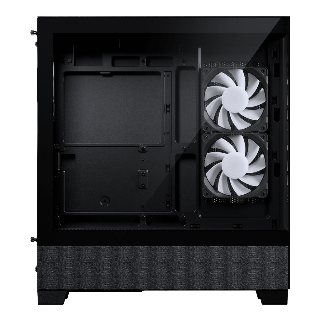 Black computer case shown from the rear interior side, featuring two white dual-fan cooling towers on the right side and a textured black fabric panel at the bottom, isolated on a white background.