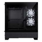 Black computer case shown from the rear interior side, featuring two white dual-fan cooling towers on the right side and a textured black fabric panel at the bottom, isolated on a white background.