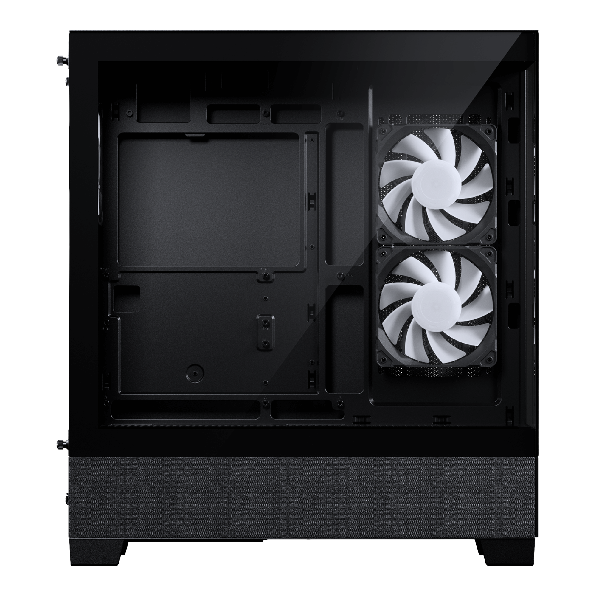 Black computer case shown from the rear interior side, featuring two white dual-fan cooling towers on the right side and a textured black fabric panel at the bottom, isolated on a white background.